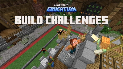 Minecraft characters climb and build on a stadium-like obstacle course beneath the Minecraft Education logo. Text reads: BUILD CHALLENGES.