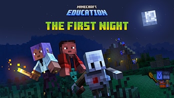 Three Minecraft characters run through a village at night, one holding a torch. Text reads: The First Night