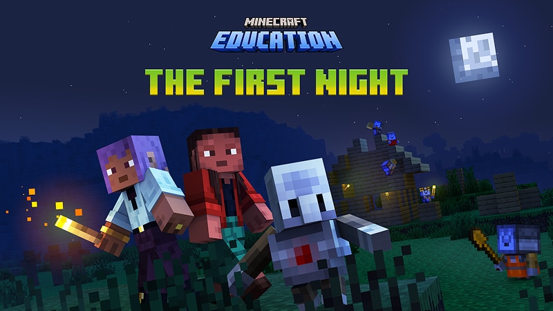 Three Minecraft characters run through a village at night, one holding a torch. Text reads: THE FIRST NIGHT.