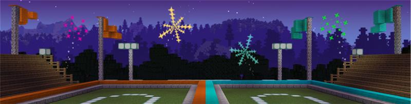 A stadium in Minecraft is divided into two play spaces, surrounded by bleachers, waving flags, and exploding fireworks.