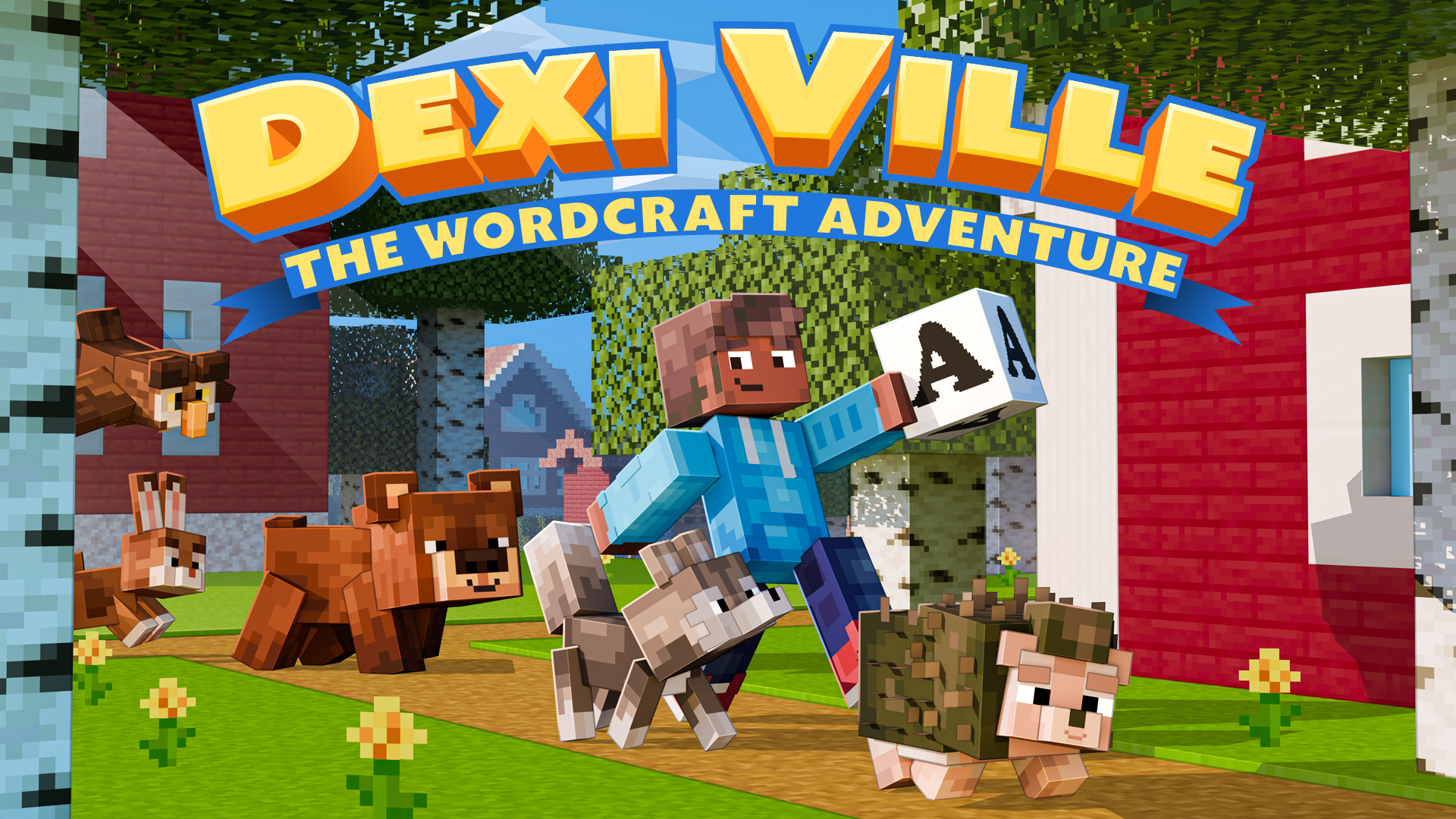 The video game scene featuring a character running with animals beneath the text reads Dexi Ville: The Wordcraft Adventure.