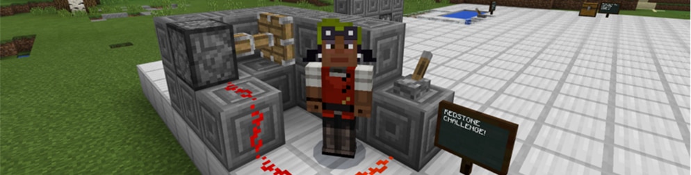 A Minecraft character wearing goggles stands next to a contraption with a switch. A sign reads: "Redstone Challenge!"