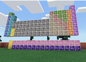 The image shows a colorful periodic table built in Minecraft blocks, set against a bright blue sky with clouds, conveying creativity and education.