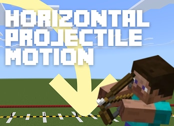A Minecraft character holding a crossbow, aiming at a distant target. Large text reads Horizontal Projectile Motion with a yellow arrow above.