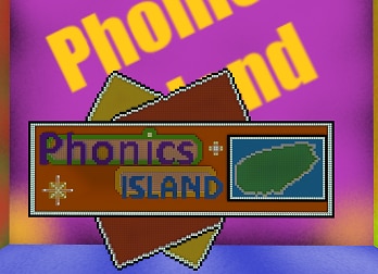 Colorful digital sign with Phonics Island text on a geometric background, featuring a map-like island