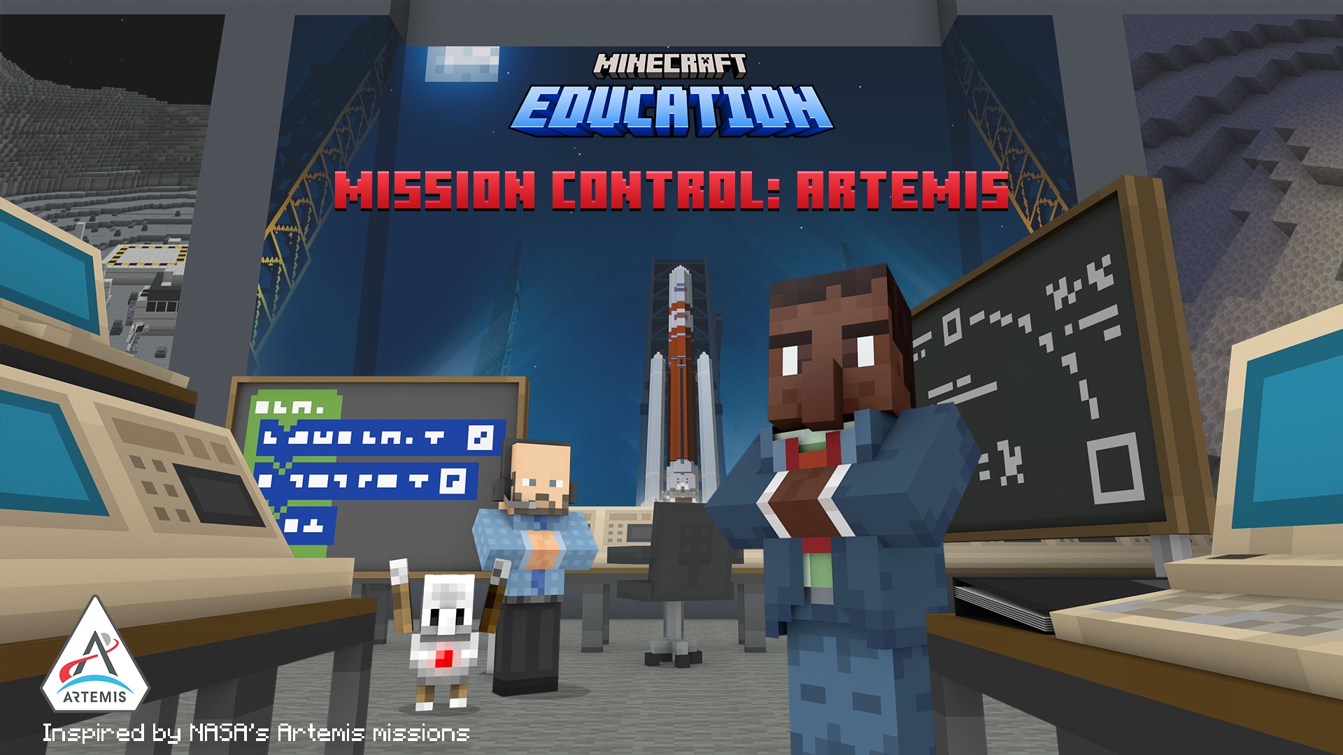 Two characters and a small robot stand in a mission control room surrounded by monitors and chalkboards, with a rocket on a launch pad visible in the background.