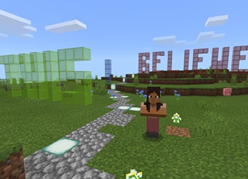 A Minecraft scene with a character on a path, surrounded by green grass and flowers. The words HOPE and BELIEVE are built in the distance with blocks.