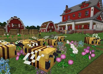 Minecraft scene with blocky bees flying over colorful flowers in a grassy area. Red barns and a large red farmhouse are visible in the background.