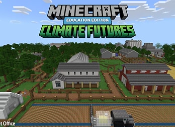 A pixelated village with farms, greenery, and roads, depicting a sustainable environment beneath text reads Minecraft Education Edition Climate Futures