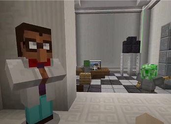 A Minecraft character scientist in a lab coat and red bowtie stands in a futuristic lab. Nearby, a small character with a green block head.