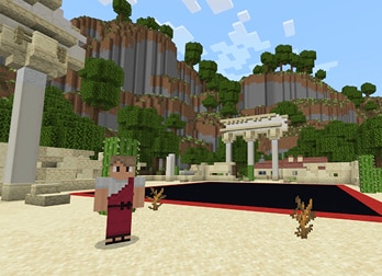 A Minecraft game character in red and white stands in a sandy, ancient Greek-themed landscape.