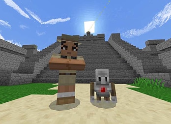 A Minecraft character stands beside a pixelated dog in front of a stone pyramid under a bright sky