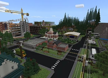 A Minecraft town with a crane, church, and houses, nestled among trees. Roads intersect, and a clear sky gives a calm, detailed virtual environment vibe.