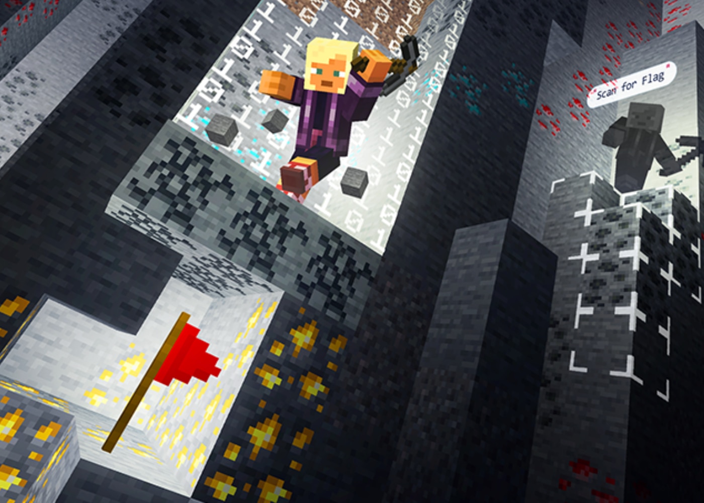 A Minecraft character runs through a cavern obstacle course with flags and glowing ore.